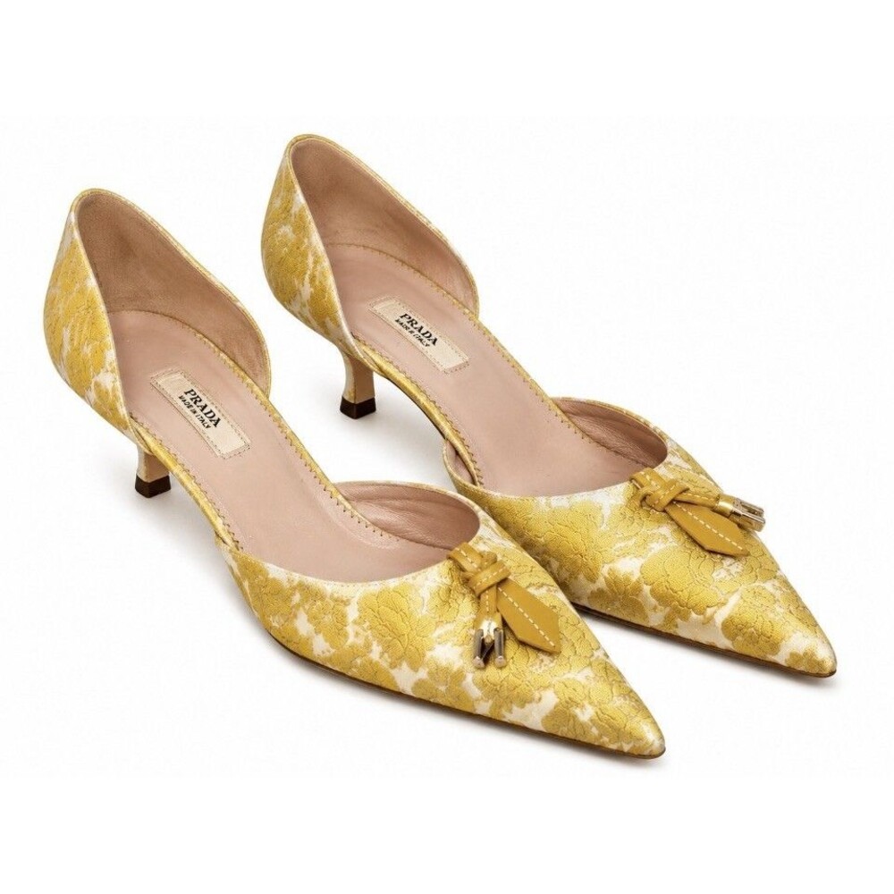 Prada Vintage Y2K Floral Brocade D’Orsay Kitten Heels Pumps Yellow Size 38 Italy